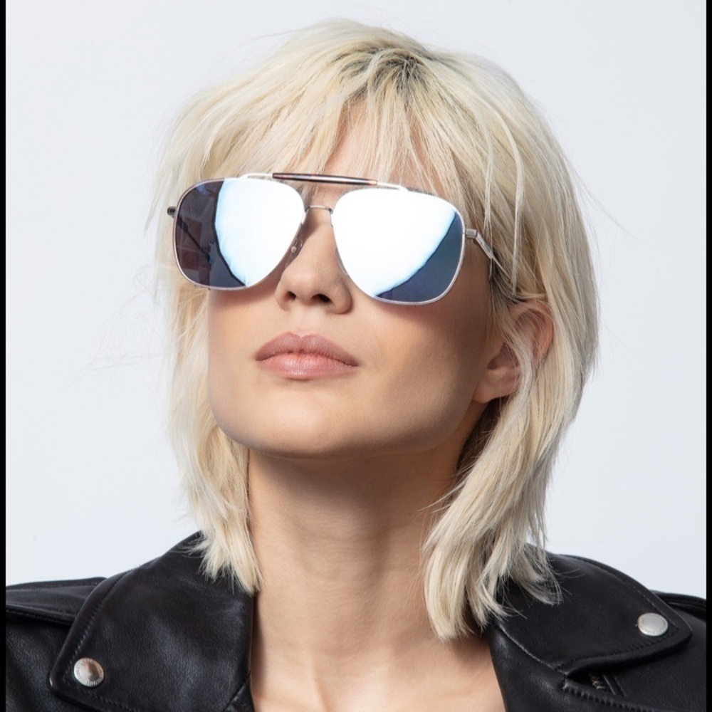 Zadig & Voltaire Pilot Aviator Sunglasses Metal Frame Blue Reflective Lens